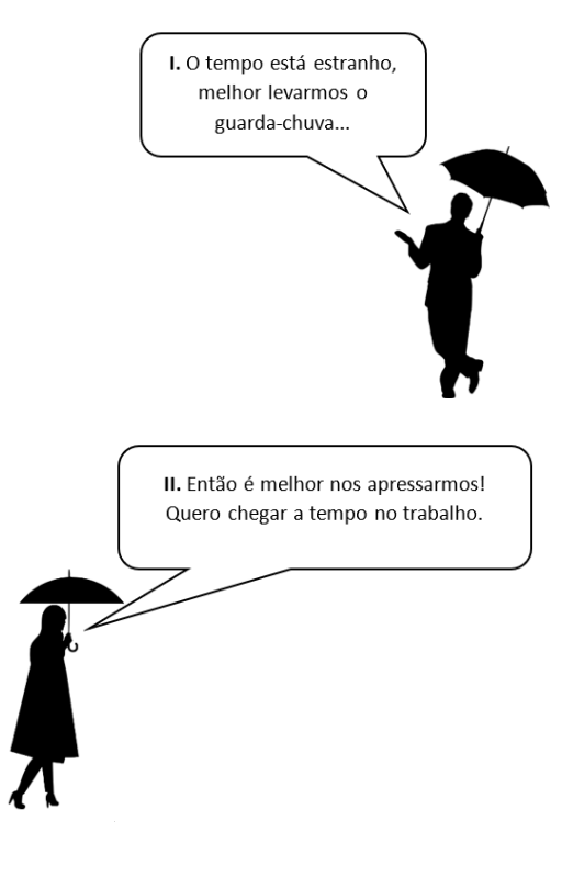 ilustração em preto e branco. No centro há a silhueta de duas figuras humanas segurando guarda-chuvas abertos. A da esquerda parece vestir calça e terno e traz uma das mãos viradas para o alto, a outra mão segura seu guarda-chuva aberto sobre si. A figura da direita veste um vestido ou sobretudo e saia e sapatos de salto. Uma das mãos segura o guarda-chuva sobre si e ela está virada para a direita, como se caminhasse para a direita, se afastando da outra figura. Há dois balões de fala com o seguinte texto: primeiro balão de fala “O tempo está estranho, melhor levarmos o guarda-chuva...”; e segundo balão de fala “Então é melhor nos apressarmos! Quero chegar a tempo no trabalho”. 